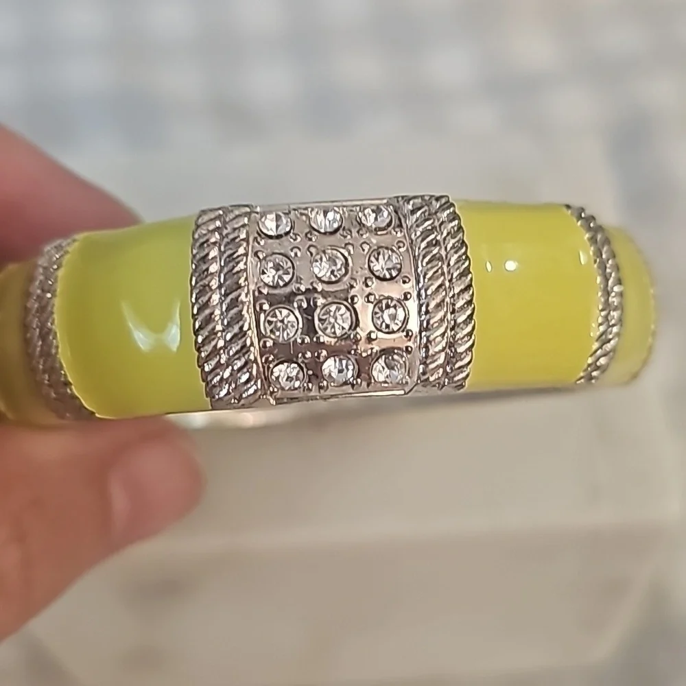 Yellow Enamel Silver Tone Hinged Bracelet, Clear Rhinestones, 1980s